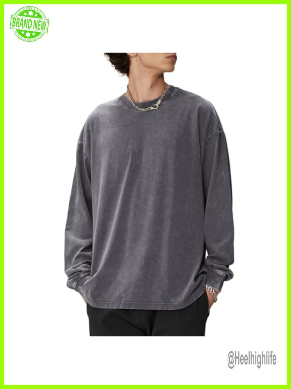 Oversized Acid Wash Long Sleeve T-Shirt Crewneck Cotton Casual Tee